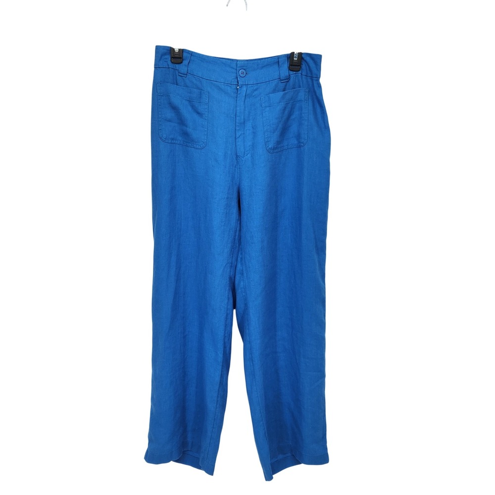 Nicole Miller New York Women's Blue 100% Linen Straight Leg Patch Pocket Pants 8